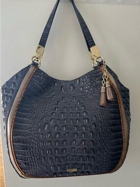 Structured Croc-Embossed Navy Shoulder Bag with Tassel Accent